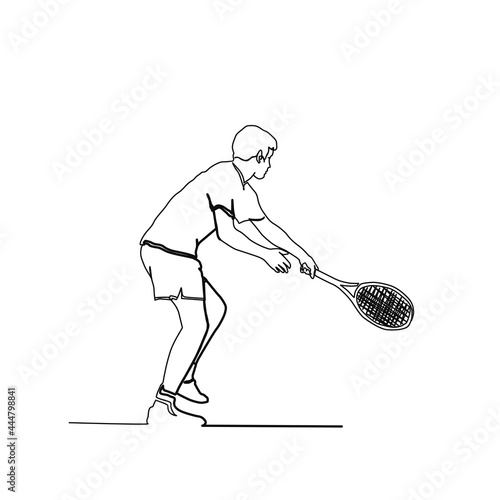 Continuous line drawing of tennis player. Tennis player action line art with active stroke.