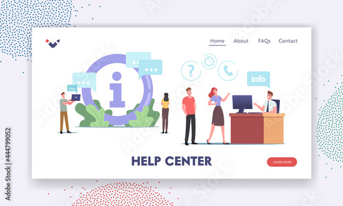 Help Center Landing Page Template. Characters Use Info Desk. People Need Information Ask Manager in Bank, Supermarket