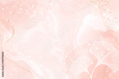 Abstract dusty blush liquid watercolor background with white ginkgo leaves. Pastel pink marble alcohol ink drawing effect, gold lines and floral elements. Vector illustration of elegant wallpaper