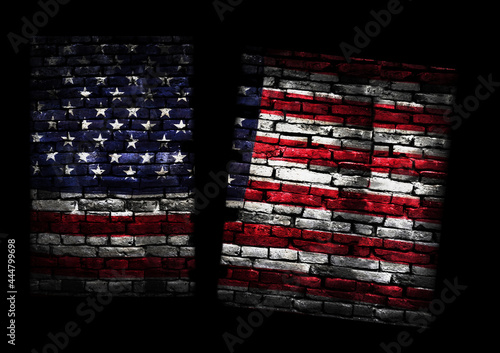 Brick pattern United States flag divided in two representing political division and disagreement photo