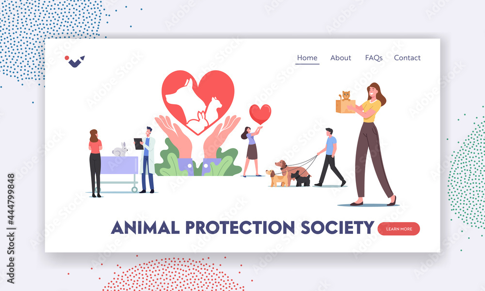 Animal Protection Society Landing Page Template. Characters Care of Pets, Adopt Cats, Dogs or Rabbits, Visit Vet Clinic