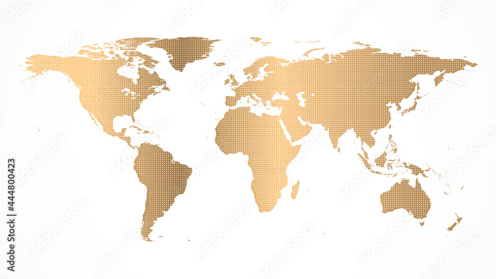 Dotted golden world map vector illustration isolated on a white background.