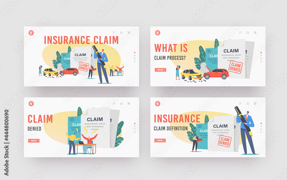 Characters Claim Insurance Landing Page Template Set. Male Female Characters Dispute with Agents for Denied Policy Paper