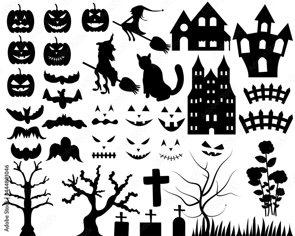 Halloween silhouettes icon set. Halloween decorations. Vector illustration.