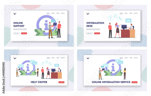 Characters Use Info Desk, Help Center Landing Page Template Set. People Need Information Ask Manager in Bank or Shop