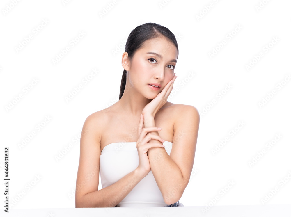 Beautiful Girl with clean face care and Facial treatment. Woman with clear skin isolated on white. Clean fresh beautiful young Asian woman with fresh skin on white background. Beautiful Girl with clean face care and Facial treatment. Woman with clear skin isolated on white. Clean fresh beautiful young Asian woman with fresh skin on white background.