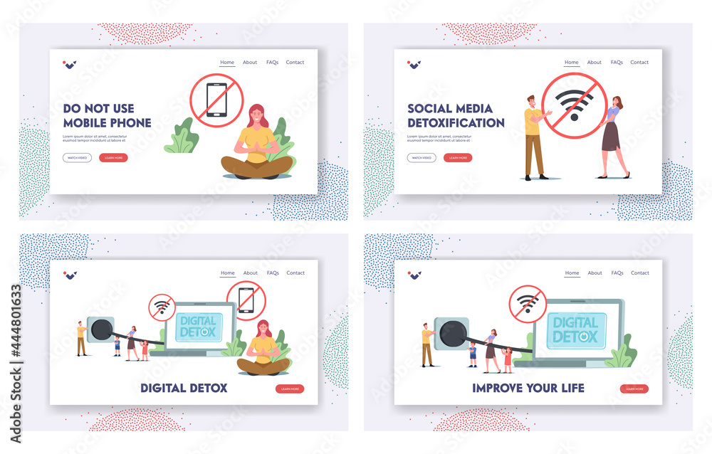 Digital Detox Landing Page Template Set. Tiny Characters Disconnect Laptop Plug Exit Social Networks, Turn Off Gadgets