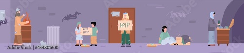 Homeless poverty hungry adult people and kids ask for help and donation.