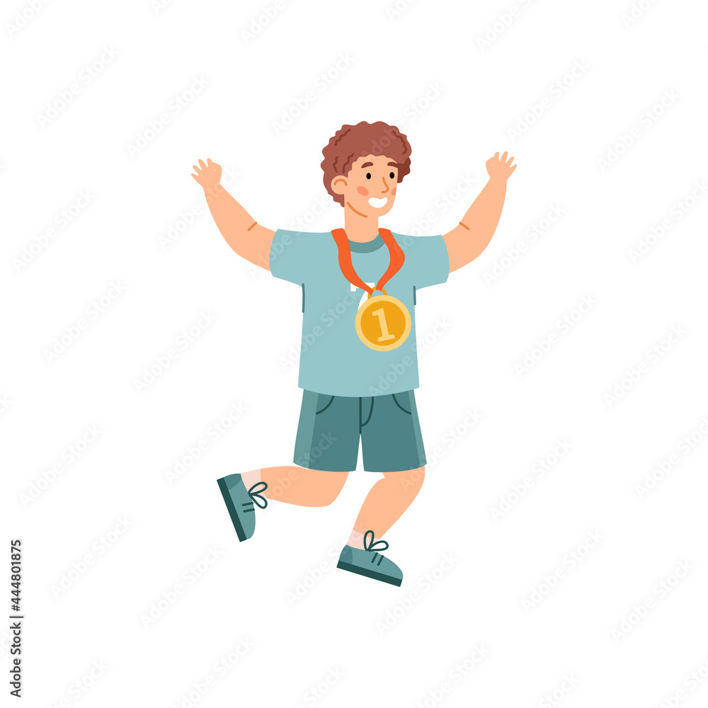Boy happy to get gold medal for achievements, flat vector illustration isolated. Boy happy to get gold medal for achievements, flat vector illustration isolated.