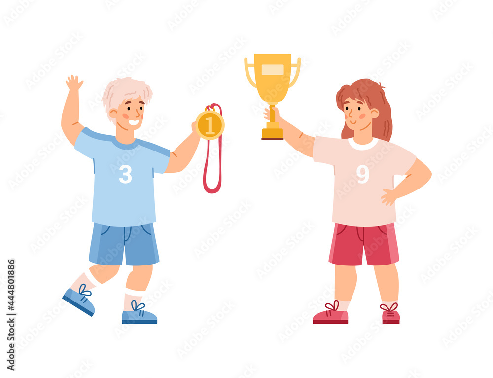 Boy and girl with trophy cup and gold medal, flat vector illustration isolated. Boy and girl with trophy cup and gold medal, flat vector illustration isolated.