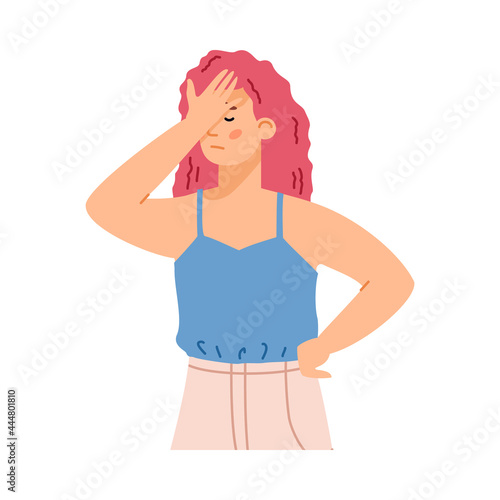 Woman with gesture of disappointment or shame flat vector illustration isolated.
