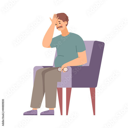 Middle aged man tired and exhausted in armchair, vector illustration isolated.