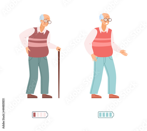 Vigorous energetic and tired exhausted old man vector illustration isolated.