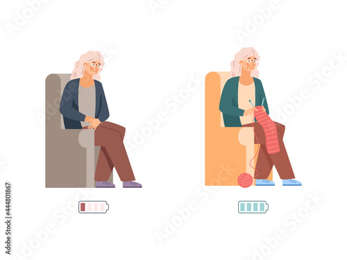 Vigorous and tired elderly with power indicator, vector illustration isolated.