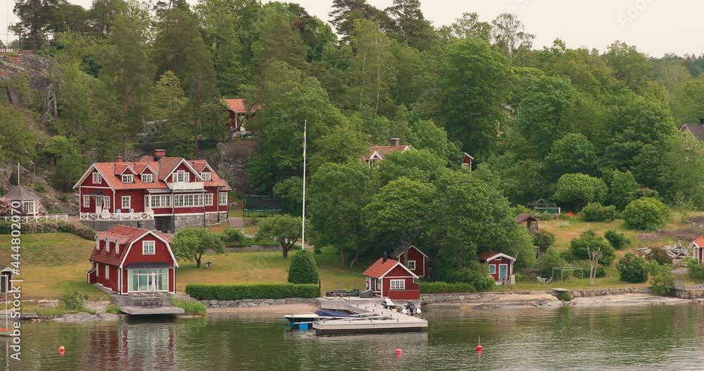 Swedish Wooden Sauna Log Cabin House On Island Coast In Summer Cloudy Day
