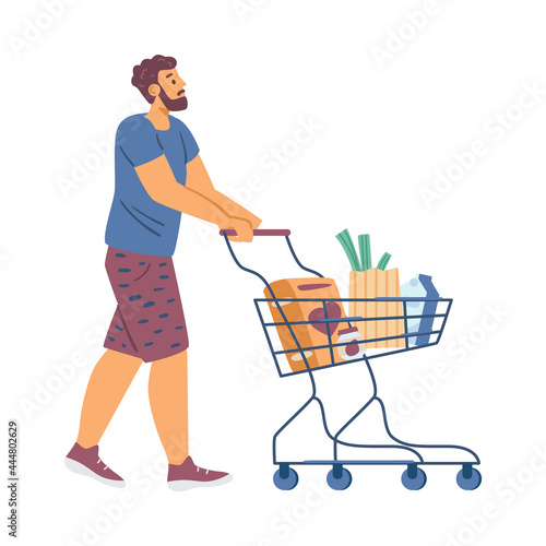 Young man at supermarket with shop cart full food products a vector illustration