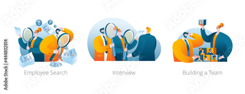  A man and woman in a business suit read the candidate's resume, conduct an interview, and build a team. A set of illustrations on the topic of HR management.