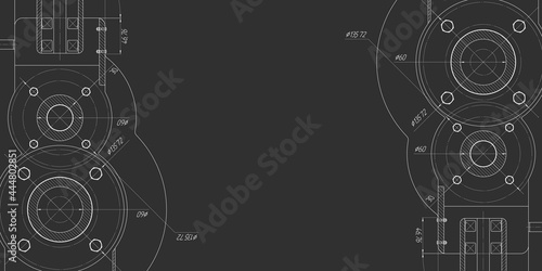 Technology dark background.Engineering innovation.Rotating gear.Technical drawing .Vector illustration.
