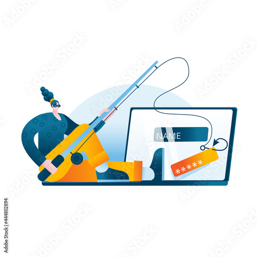 A girl in a mask sits on a laptop and catches the user's passwords on a hook. Concept of a vector illustration on the topic of cybercrime and phishing attacks.