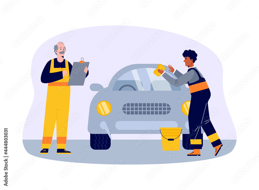 Employees of car maintenance service center flat vector illustration isolated. Employees of car maintenance service center flat vector illustration isolated.
