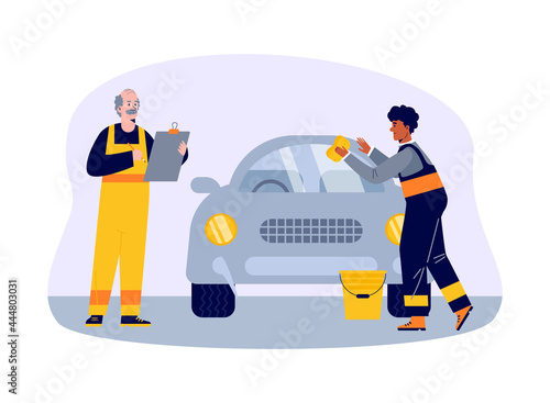 Employees of car maintenance service center flat vector illustration isolated.