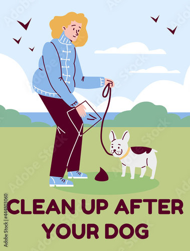 Clean up after your dog card with pet owner and dog, flat vector illustration.