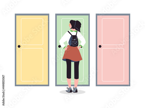 School age girl standing behind closed doors, flat vector illustration isolated.