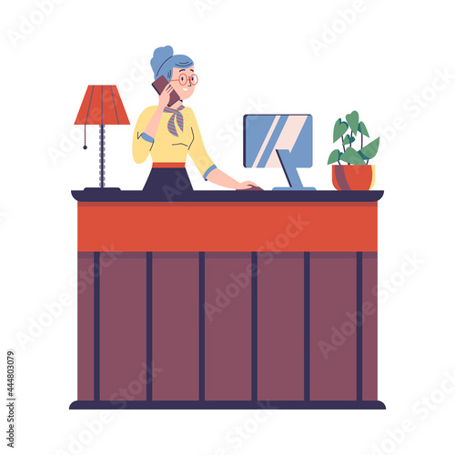 Hotel receptionist making apartments reservation, vector illustration isolated.