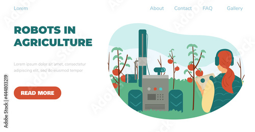 Robotic technology in agriculture and farming website, vector illustration.