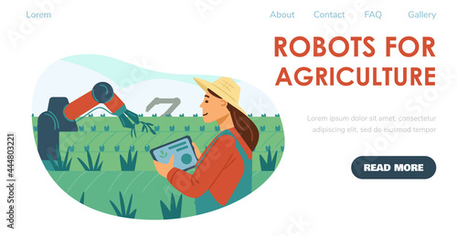 Smart robot technologies for agriculture website page flat vector illustration.