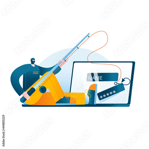 A man in a mask sits on a laptop and catches the user's passwords on a hook. Concept of a vector illustration on the topic of cybercrime and phishing attacks.