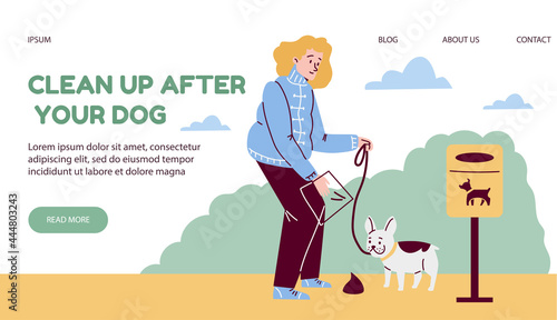 Vector web banner with call to owner pet animal to clean up after dog.