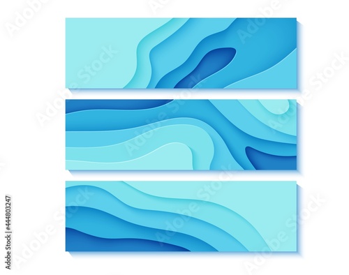Set of blue flyers in paper cut style. Collection of horizontal banners 3d abstract background. Vector environmental cards template with top view cut out wavy shapes for posters, business presentation