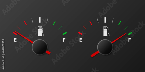 Vector 3d Realistic Gas Fuel Tank Gauge, Oil Level Bar on Black Background. Full and Empty. Car Dashboard Details. Fuel Indicator, Gas Meter, Sensor. Design Template