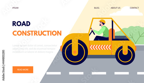 Road construction works web site banner template, flat vector illustration.