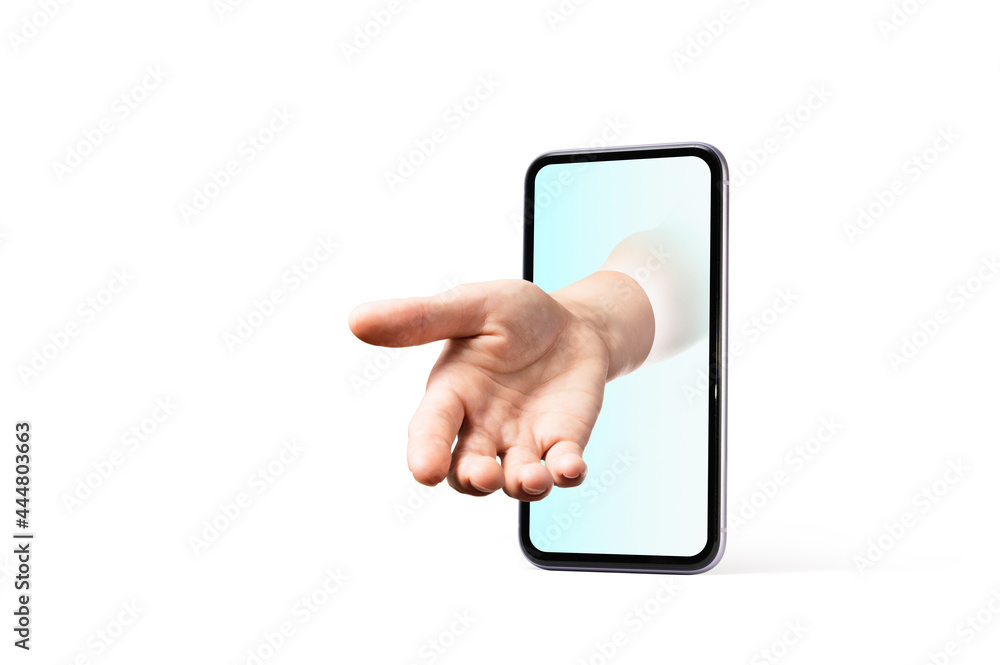 A human's hand reaches out from a smartphone. The concept of support, counseling, helpline. Modern technologies. Isolated on white.
