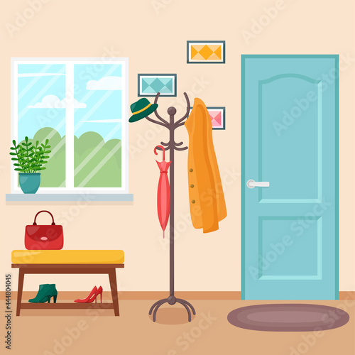 Home hallway interior with door, vector illustration