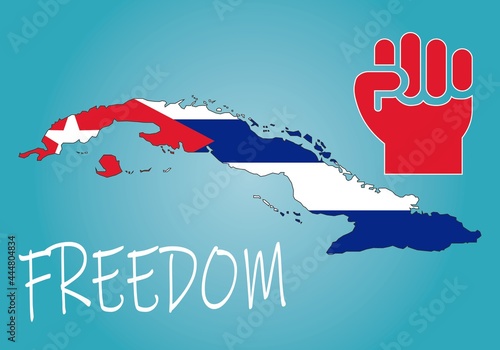 Mapa de Cuba con la bandera y puño rojo en señal de lucha sobre degradado azul