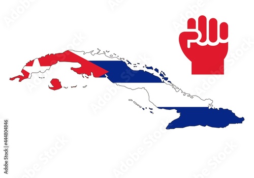 Mapa de Cuba con la bandera y el puño en rojo en señal de lucha por la libertad sobre fondo blanco