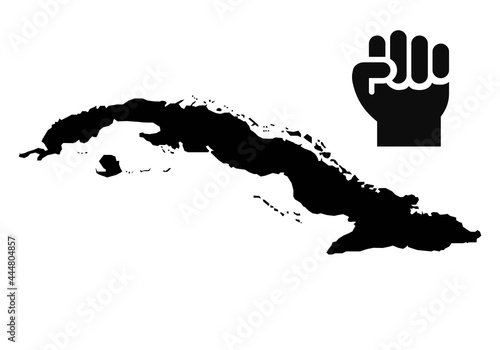 
Mapa de Cuba y puño en señal de lucha en negro sobre fondo blanco.