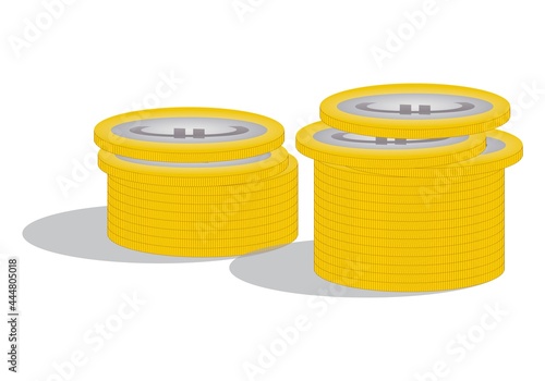 Pilas de monedas de euro en dorado y gris con el símbolo del euro sobre fondo blanco