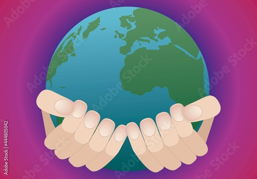 
Calentamiento global en tus manos. Manos sosteniendo el planeta Tierra sobre fondo degradado azul, morado, violeta y rojo