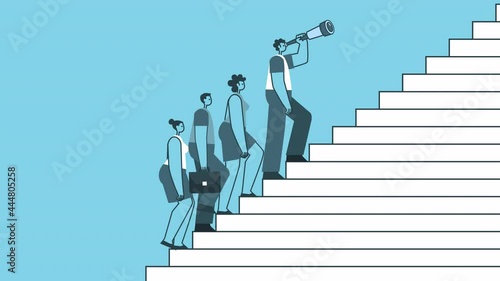 Team walk up the stairs with male leader in front. Career Growth and Teamwork Concepts. Flat Design Cartoon Characters Isolated Loop 2d Animation