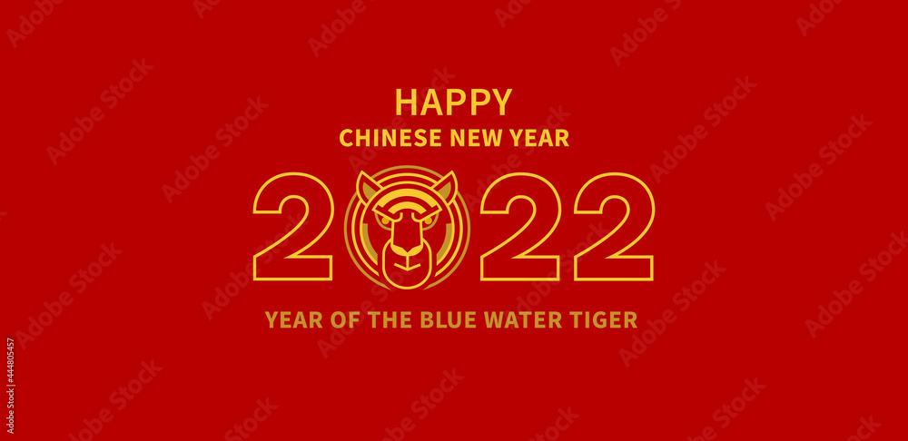 Bright vector, line art gold illustration of the Tiger Zodiac sign, Symbol of 2022 on the Chinese calendar