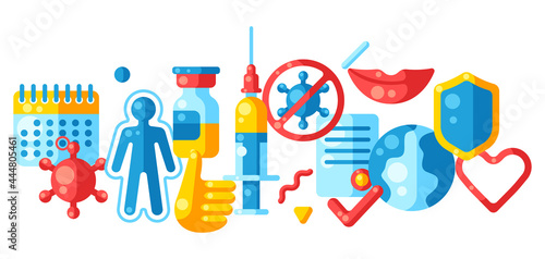 Vaccination concept background with vaccine icons. Immunization items. Health care and protection from virus.