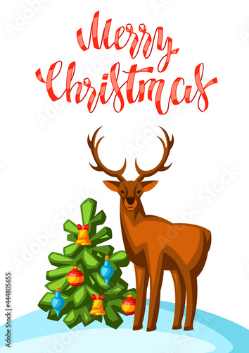 Merry Christmas illustration with deer and tree. Holiday invitation or greeting card in cartoon style.