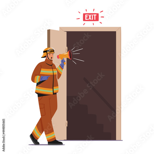Fireman Character with Loudspeaker Announce Fire Emergency Evacuation Alarm Stand at Open Door with Ladder, Alert