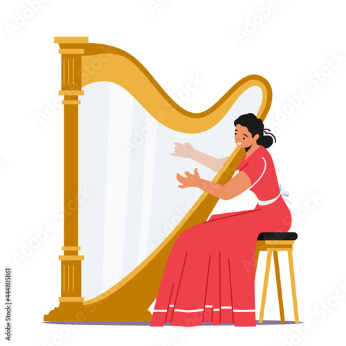 Beautiful Woman in Dress Perform on Stage with Harp Playing Classical Music . Female Character Playing Concert on Scene