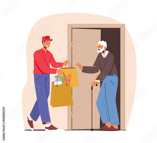 Courier Character Caregiving of Elderly People Bring Grocery or Medicine during Lockdown. Help to Seniors at Pandemic