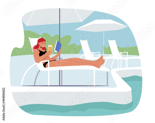 Young Woman Lounging, Drinking Cocktail and Reading Book on Chaise Lounge under Sun Rays Relaxing on Poolside